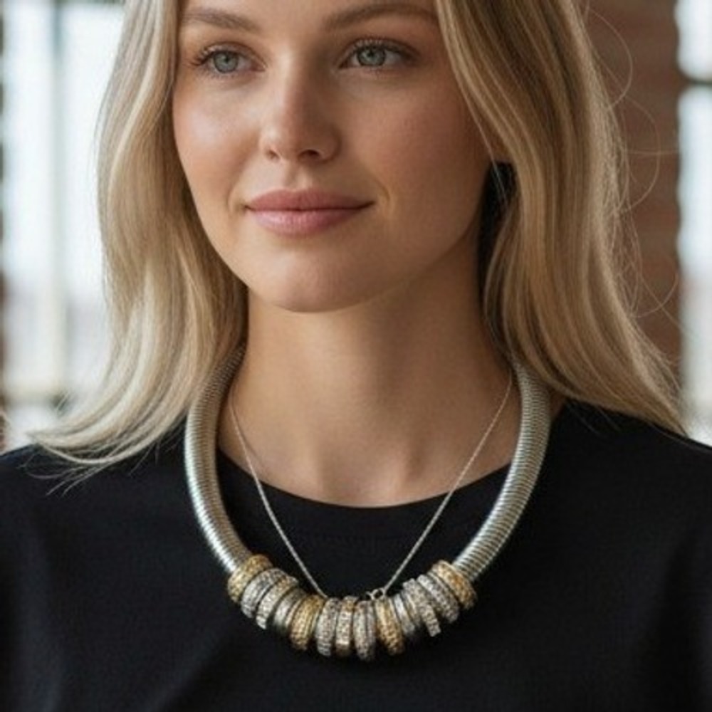 Two Tone Omega Chain Collar Necklace Mixed Metal Rhinestone Rings Magnetic Clasp